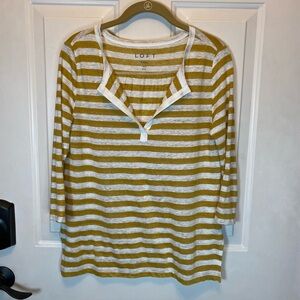 LOFT Linen Women’s V Neck Yellow/cream Striped 3/4 Sleeve Top XS.EUC